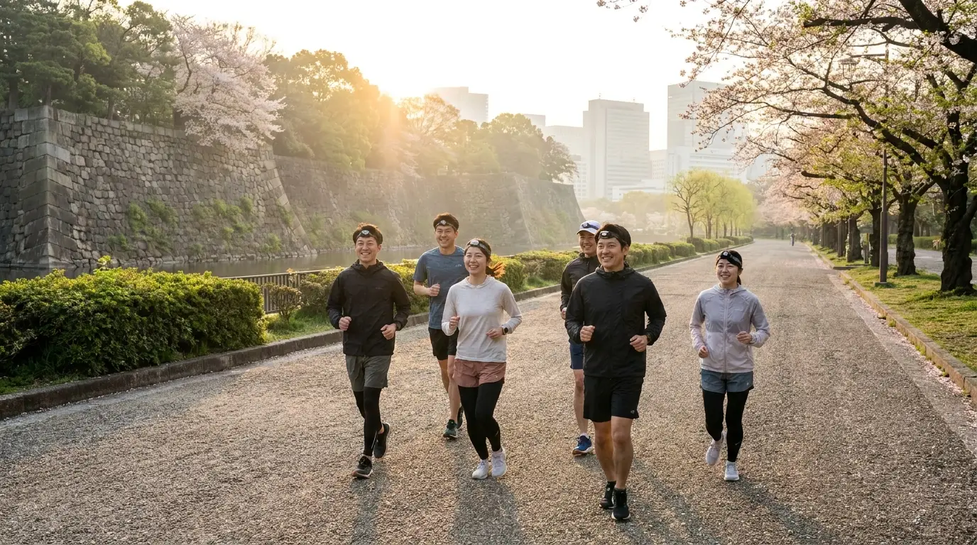 皇居周辺のランニングコースを仲間と走るランナーたち